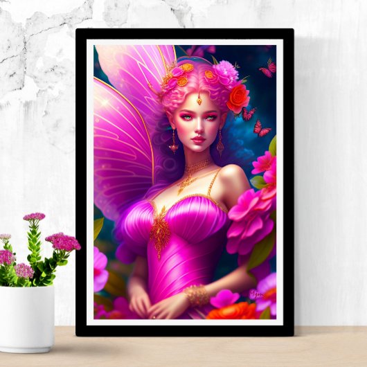 Fantasy Fuchsia Fairy Flowers & Butterflies Poster