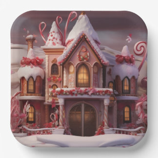 Fantasy Gingerbread Huis met Snoepjes 3 Papieren Bordje