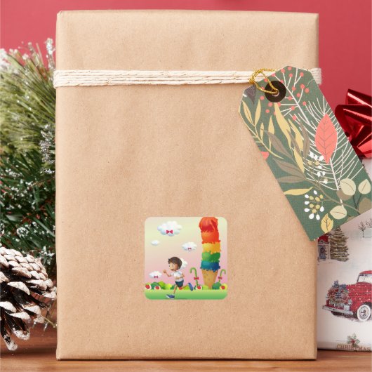 Fantasy Ice Cream Cone met Happy Running Boy Vierkante Sticker (Feestdagen)