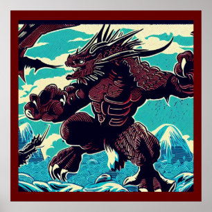 Fantasy Kaiju Anime - houtsnede 3 Poster