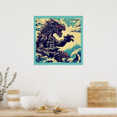 Fantasy Kaiju Anime - Houtsnede 4 Poster (Keuken)