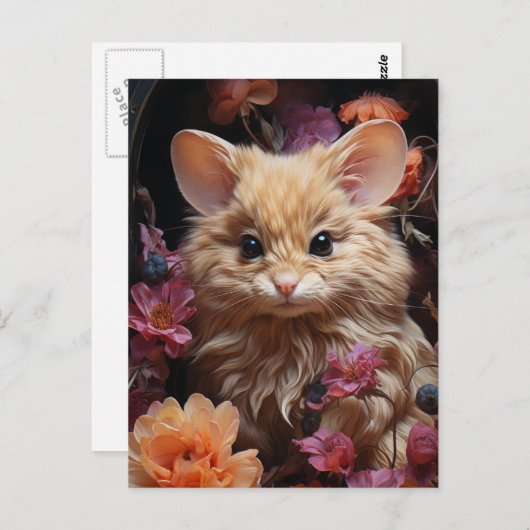 Fantasy Kat Muis in de Bloemen Briefkaart (Voorkant / Achterkant)