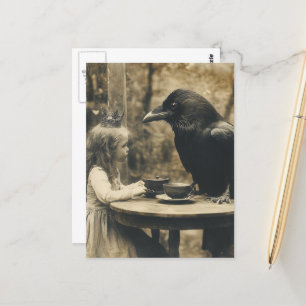Fantasy Kind en Raven Tea Party in Sepia Briefkaart