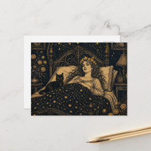Fantasy Koningin en Haar Zwarte Kat in Bed Briefkaart
