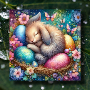 Fantasy Kunst Aquarel Konijn Paasei Bloemen Feestdagenkaart