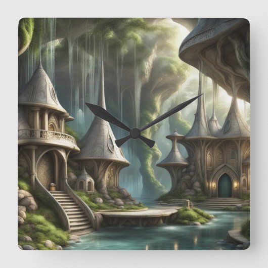 Fantasy Lands Vierkante Klok (Voorkant)