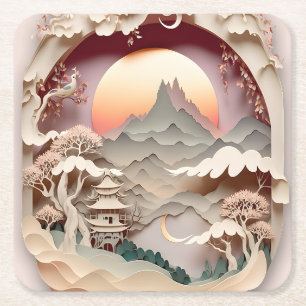 Fantasy Landscape Paper Cut Square Paper Onderzett Vierkante Kartonnen Onderzetter
