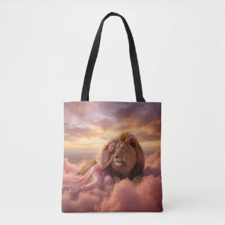 Fantasy Leeuw en Vrouw in Wolken Draagtas