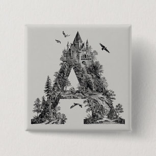 Fantasy Letter A met Kastelen in de Hemel Prentenb Vierkante Button 5,1 Cm