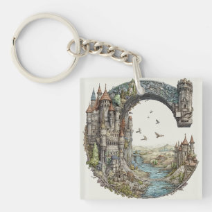 Fantasy Letter C met kastelen in de lucht sprookje Sleutelhanger
