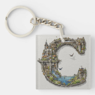 Fantasy Letter C met kastelen in de lucht sprookje Sleutelhanger