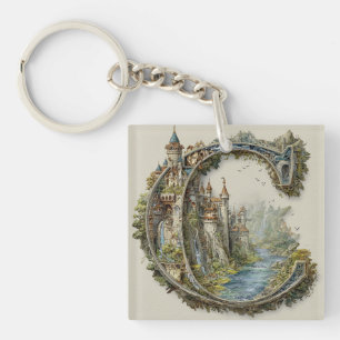 Fantasy Letter C met kastelen in de lucht sprookje Sleutelhanger