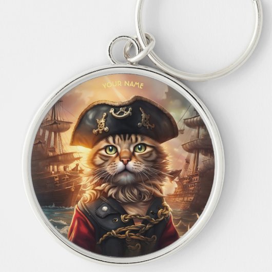 Fantasy Leuke Kat Pirate Pet Sleutelhanger (Voorkant)