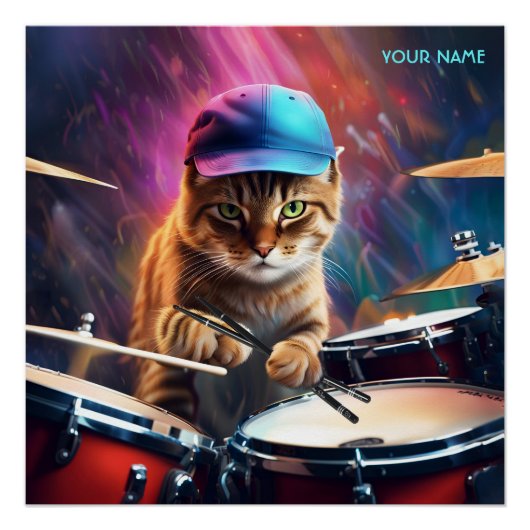 Fantasy Leuke Kat Spelen Drums Perfect Poster (Voorkant)
