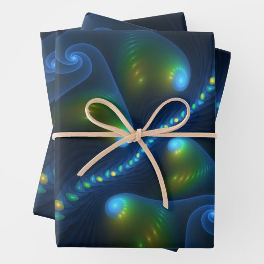 Fantasy Lights Abstract Blauw Groen Geel Fractal Inpakpapier Vel (In situ)