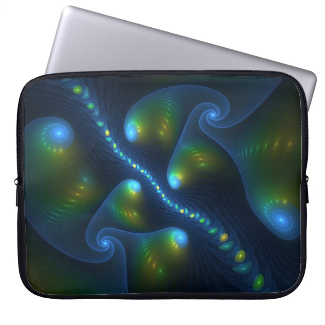 Fantasy Lights Abstract Blauw Groen Geel Fractal Laptop Sleeve (Voorkant)