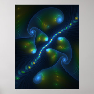 Fantasy Lights Abstract Blauw Groen Geel Fractal Poster