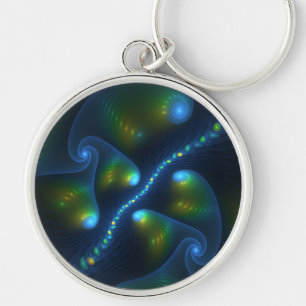Fantasy Lights Abstract Blauw Groen Geel Fractal Sleutelhanger