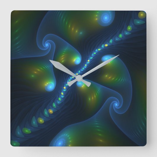 Fantasy Lights Abstract Blauw Groen Geel Fractal Vierkante Klok (Voorkant)