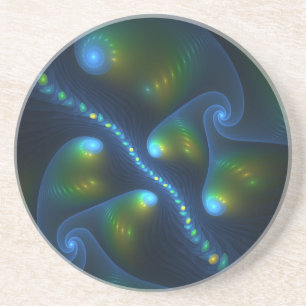 Fantasy Lights Abstract Blauw Groen Geel Fractal Zandsteen Onderzetter