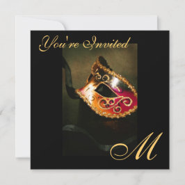 Fantasy Masquerade Mask Monogram Gold Invitation Kaart