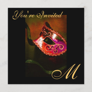 Fantasy Masquerade Mask Monogram Red Invitation Kaart