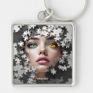 Fantasy Mooie Puzzel Meisjesgezicht Sleutelhanger