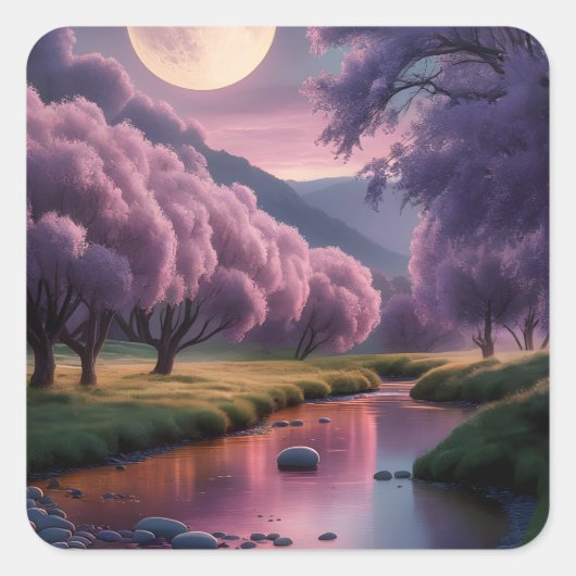 Fantasy Moonlit River Dreamscape Illustration Vierkante Sticker (Voorkant)