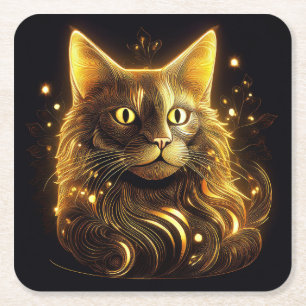 Fantasy Neon Gold Cat Vierkante Kartonnen Onderzetter