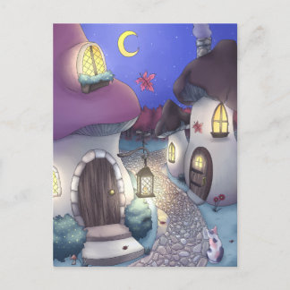 Fantasy Nighttime Mushroom Village Illustration Briefkaart