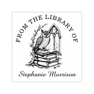 Fantasy Owl Library Ex Libris Bookplate Stamp Zelfinktende Stempel