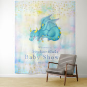 Fantasy Pastel Blauwe Draak Baby Shower Achtergron Wandkleed (In situ)