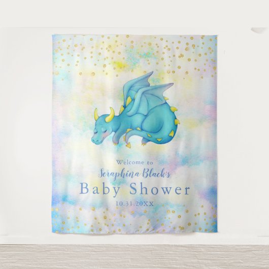 Fantasy Pastel Blauwe Draak Baby Shower Achtergron Wandkleed (Voorkant)