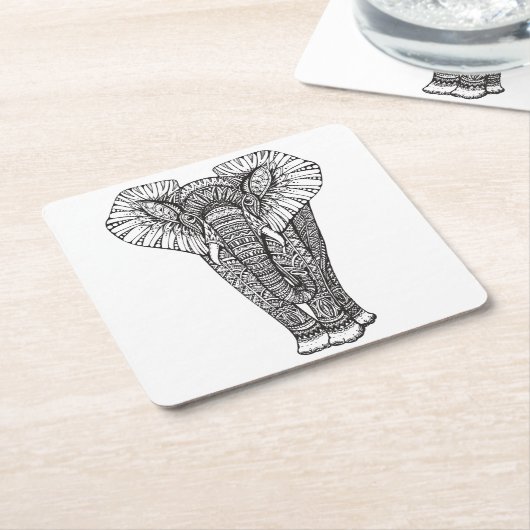 Fantasy Patterned Elephant Doodle Vierkante Kartonnen Onderzetter (Schuin)