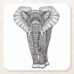 Fantasy Patterned Elephant Doodle Vierkante Kartonnen Onderzetter