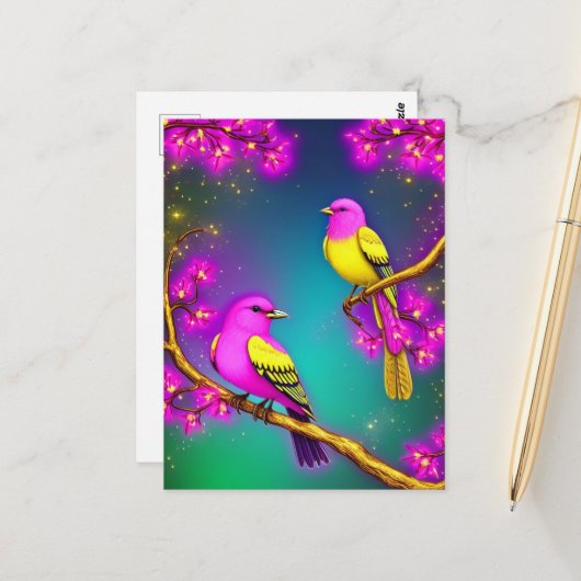 Fantasy Pink and Yellow Birds On a Branch Briefkaart (Voorkant / Achterkant in situ)