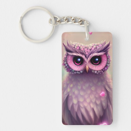 Fantasy Pink Fluffy Kawaii Owl Sleutelhanger (Voorkant)
