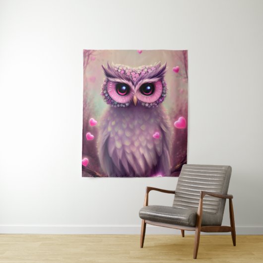 Fantasy Pink Fluffy Kawaii Owl Wandkleed (In situ)