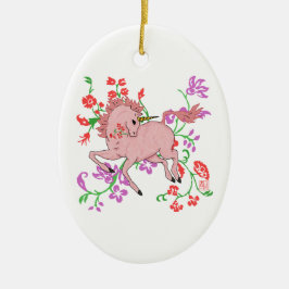  Fantasy Pink Unicorn Horse in Flowers Keramisch Ornament