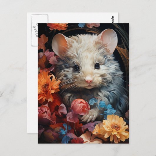 Fantasy pluizige muis in de bloemen briefkaart (Voorkant / Achterkant)