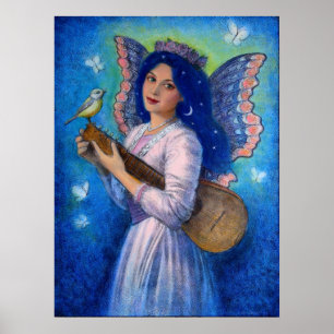 Fantasy Posters, Music Bird Fairy, Blue Hair Lady Poster