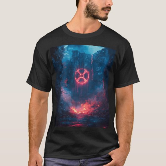 Fantasy Red Radioactive Symbool Digitale Kunst T-shirt (Voorkant)