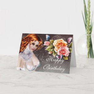 Fantasy Redhead met Rozen Birthday Kaart