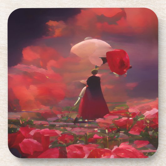 Fantasy Roos Veld onder de hemel Bier Onderzetter (Voorkant)