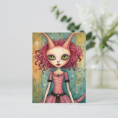 Fantasy Roze Kat Alien Vrouw Mixed Media Briefkaart (Staand voorkant)