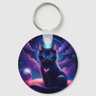 Fantasy Scene Zwarte Kitten Mooie Blauwe Ogen Sleutelhanger