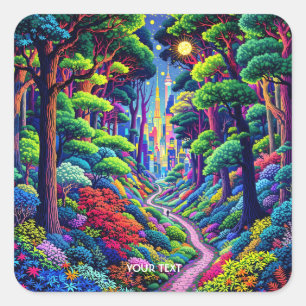 Fantasy Schattige bos en stad Vierkante Sticker