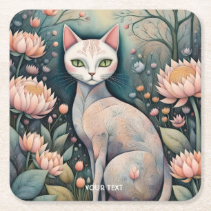Fantasy Schattige Cat Flowers Forest Vierkante Kartonnen Onderzetter