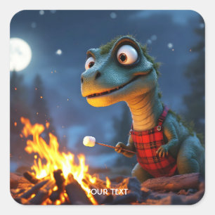 Fantasy Schattige Dino Campfire Moon Vierkante Sticker