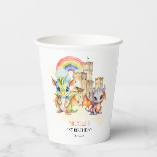 Fantasy Schattige Dragon Castle Rainbow Kids Verja Papieren Bekers (Achterkant)